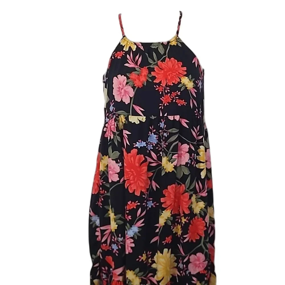 Old Navy Halter Sundress Spaghetti Strap Floral Print Tea Length Ruffle Dress